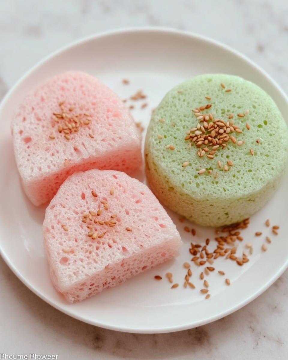 The image shows two pieces of light pink steamed rice cakes with a soft spongy texture and small holes inside, arranged on the left side of a white plate. On the right side is a single round, light green steamed rice cake with a smooth top. Small toasted sesame seeds are scattered on top of all the cakes and a few on the plate. The plate sits on a white marbled surface. photo taken with an iphone --ar 4:5 --v 7