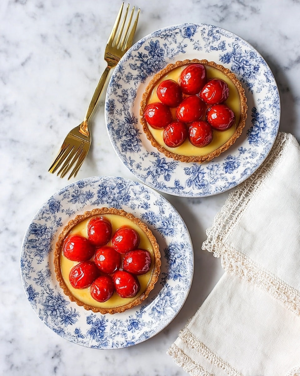 Two small fruit tarts are placed on white plates with blue floral patterns. Each tart has a golden brown crust as the base layer, followed by a layer of smooth yellow custard that fills the crust evenly. On top, there are seven bright red, shiny round fruits arranged neatly in a circular pattern. The tarts sit on a white marbled surface. Next to the top plate is a golden fork, partly resting on the plate, while a golden fork is also placed to the left of the bottom plate. A white cloth napkin with embroidered edges is placed to the right side, near the top plate. Photo taken with an iphone --ar 4:5 --v 7