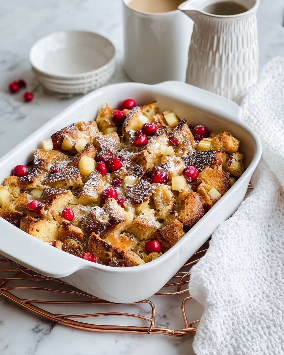 A white rectangular baking dish filled with a layered bread pudding made of roughly torn brown bread chunks on the top and bottom layers, with small diced light yellow apples and bright red cherries scattered between and on top. The top layer of bread pieces is golden brown and crisp, sprinkled lightly with powdered sugar. The dish sits on a copper wire cooling rack, all placed on a white marbled surface. To the right, there is a white mug and a white ceramic pitcher, with a white textured cloth nearby. Photo taken with an iphone --ar 4:5 --v 7