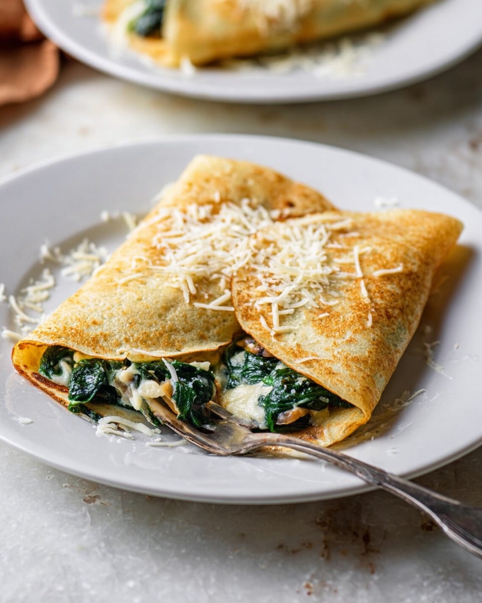 Two folded golden brown crepes sit on a white plate over a white marbled surface. The front crepe is broken open by a fork showing dark green spinach, creamy white cheese, and tender light brown pieces inside. Both crepes are sprinkled with a little shredded white cheese on top. Another similar white plate with one folded crepe is blurred in the background. Photo taken with an iphone --ar 4:5 --v 7