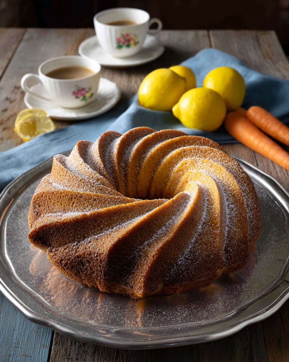 A single-layer bundt cake with a spiral shape sits on a shiny silver plate. The cake is golden brown with a slightly darker, crisp outer edge. Light dusting of white powdered sugar traces along the spirals, adding texture and contrast. Surrounding the cake are three yellow lemons and three orange carrots placed on a blue cloth, all set on a rustic wooden table. Two white cups with coffee are placed in the background, each on a white saucer with a small floral design. The overall scene is warm and inviting with soft, natural light highlighting the cake’s texture and the fresh produce. Photo taken with an iphone --ar 4:5 --v 7