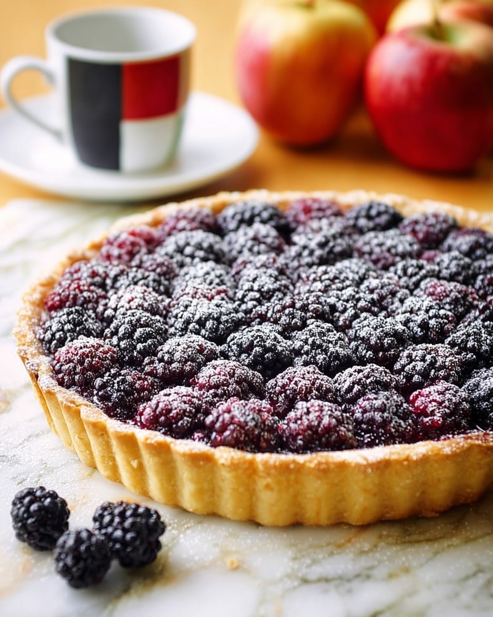 A round tart with a golden, crimped edge sits on a surface with a white marbled texture. The tart is filled with many dark purple-black blackberries that are tightly packed in layers across the top. A light dusting of white powdered sugar is spread evenly over the blackberries, giving them a soft, frosty look. Around the tart on the surface are a few loose blackberries. In the blurred background, there is a white cup with a geometric black and red pattern on a matching white saucer, and two red apples. The photo taken with an iphone --ar 4:5 --v 7