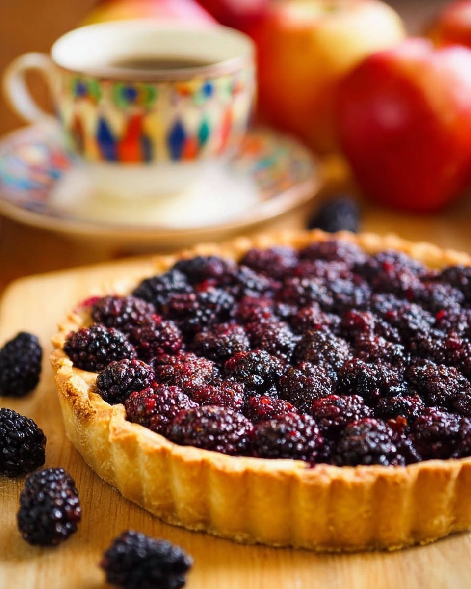 The image shows a blackberry tart with a golden-brown, crispy crust that forms the bottom and sides. The top layer is filled with shiny, dark purple and black blackberries, packed closely together and glistening as if fresh or lightly glazed. The tart sits on a light wooden surface with a few loose blackberries scattered around it. In the background, there is a white cup and saucer with a colorful, geometric pattern, and slightly blurred red apples. The overall setting is warm and inviting, with a soft focus on the tart. photo taken with an iphone --ar 4:5 --v 7
