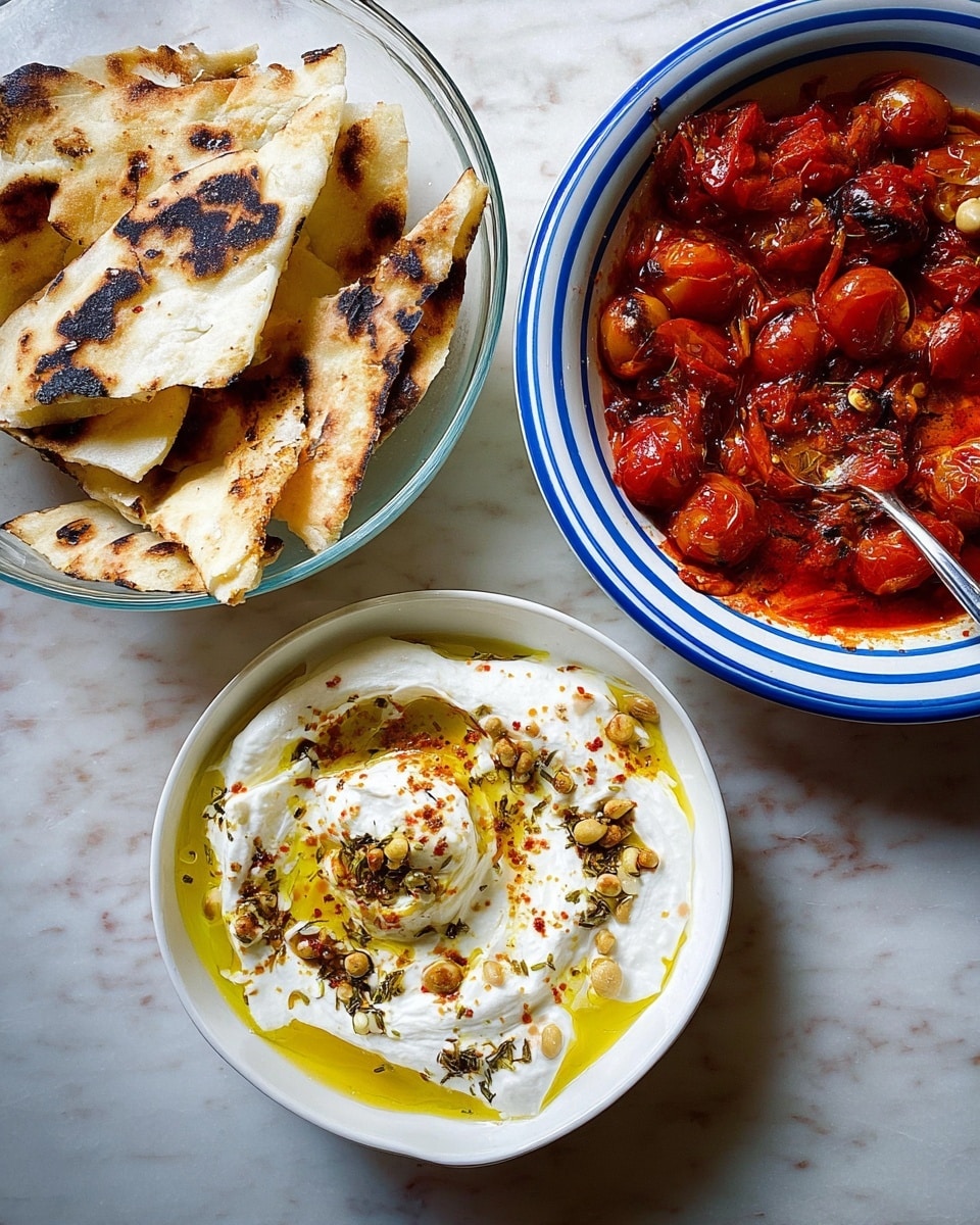 The image shows three dishes on a white marbled surface: a clear glass bowl with folded pieces of slightly charred flatbread stacked inside, a white bowl with thick swirls of creamy white yogurt topped with a drizzle of golden olive oil and sprinkled with chopped nuts and spices, and a white bowl with a blue rim filled with a chunky red tomato sauce containing whole cherry tomatoes and slices of garlic, with a spoon resting inside. The colors contrast well, with warm tones from the bread and tomato sauce balanced by the cool, creamy yogurt, all arranged casually but inviting. photo taken with an iphone --ar 4:5 --v 7
