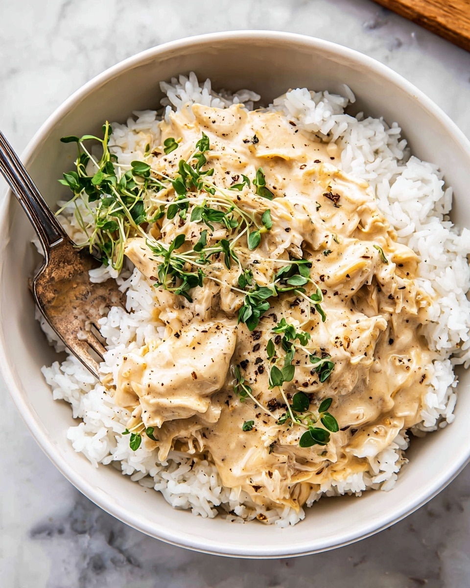 The image shows a slow cooker filled with creamy white chicken stew that has a thick texture with shredded pieces of chicken mixed throughout. The creamy sauce has hints of light brown spices and black pepper dots sprinkled on top. Fresh green herb leaves are placed on the surface as garnish, adding a pop of color. A wooden spoon is lifting a scoop of the stew, showing its soft and smooth consistency. The slow cooker is placed on a white marbled surface. photo taken with an iphone --ar 4:5 --v 7