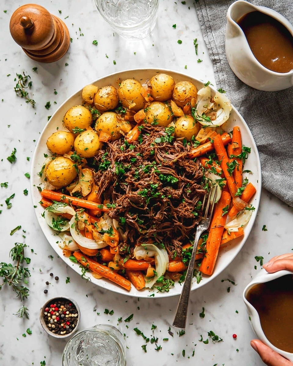A white bowl filled with three main layers: at the bottom, shredded brown slow-cooked meat with a tender texture; next, an assortment of small golden-brown potatoes, orange carrots, and translucent cooked onion slices scattered evenly; on top, a warm golden-brown gravy is being poured from a white small pitcher over the meat and vegetables, creating a glossy wet surface. A woman's hand holding the pitcher is partially visible. The bowl sits on a white marbled surface with some thyme sprigs nearby, and a fork rests inside the bowl among the meat. Another similar bowl with the same dish is blurred in the background. photo taken with an iphone --ar 4:5 --v 7