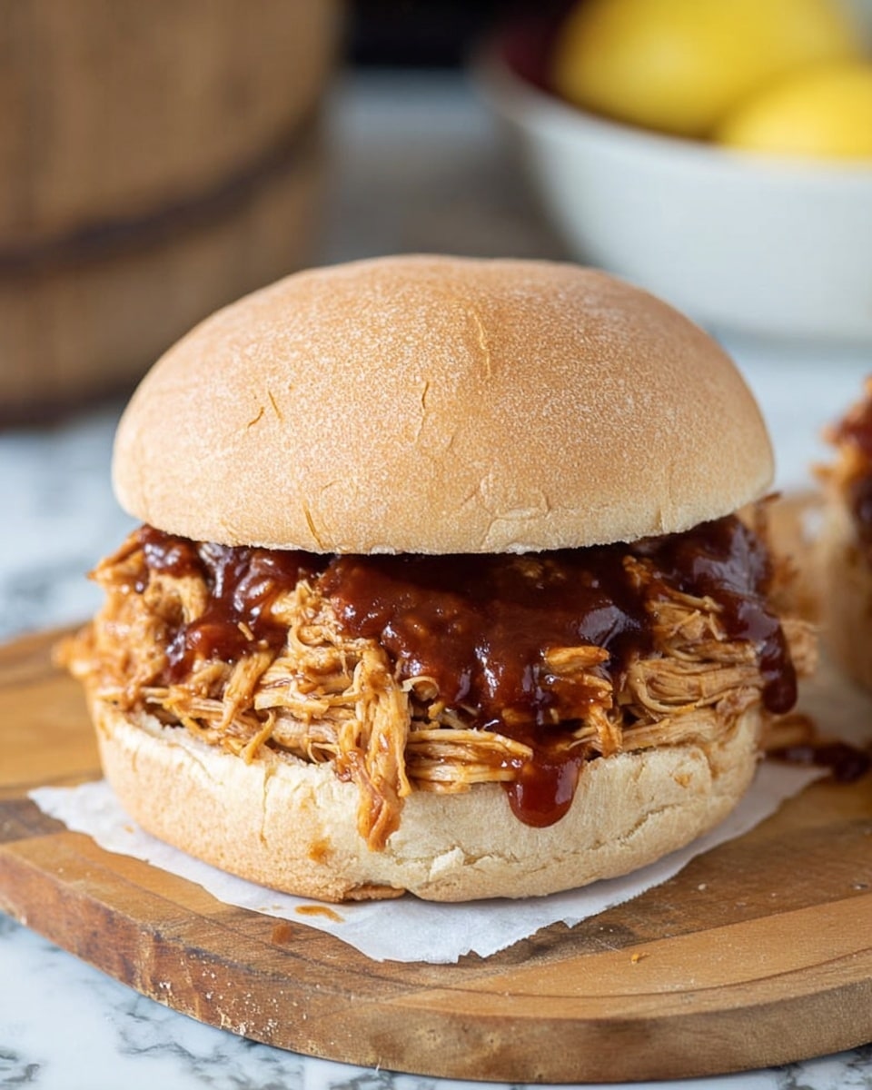 A sandwich with a soft, round, light brown whole wheat bun on top and bottom. Inside, there is a thick layer of shredded, light brown meat with visible texture. Dark brown sauce is spread unevenly over the meat, dripping slightly down the sides. The sandwich sits on a wooden board with a small piece of white paper underneath. The background is a white marbled surface with blurry shapes, including a bowl of yellow fruit. Photo taken with an iphone --ar 4:5 --v 7