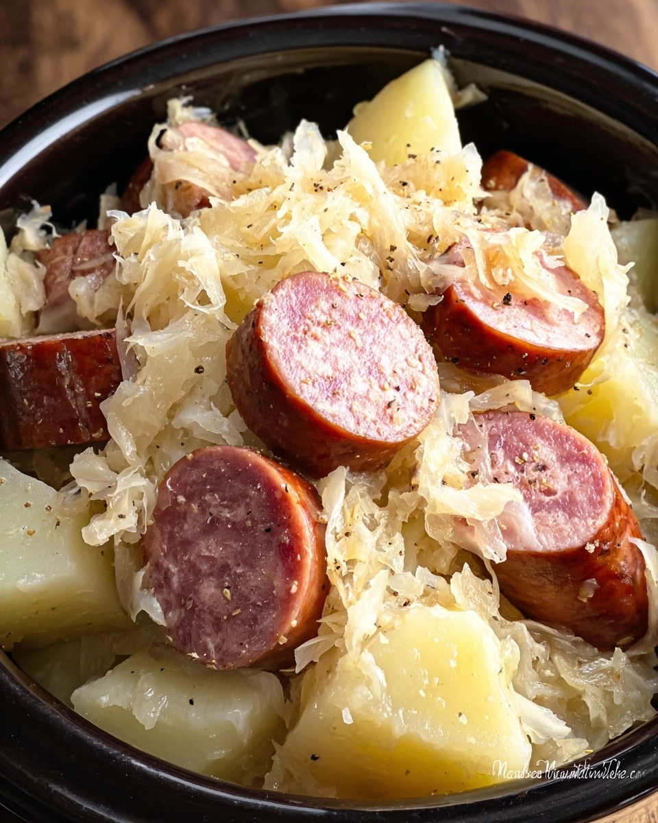 The image shows a close-up of a black bowl filled with a layered dish. The bottom layer consists of pale yellow potato chunks with a soft, slightly crumbly texture. On top and mixed throughout are thick slices of reddish-brown sausage with a smooth, glossy casing, some slices showing a light pink interior. The dish is also topped with a generous amount of light, shredded sauerkraut, which has a pale off-white color and fine, stringy texture. The overall look is hearty and rustic, with visible seasoning specks on the ingredients. photo taken with an iphone --ar 4:5 --v 7