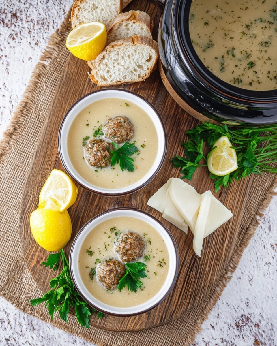 Two white bowls of light beige soup with three small meatballs in each, topped with a small green parsley leaf, sit on a rustic wooden board. Next to the bowls are three slices of white bread, two white blocks of cheese, and a bunch of fresh green parsley. Two squeezed yellow lemon halves rest against the parsley. Part of a black pot filled with the same soup is visible on a textured brown mat under the board. The whole scene is set on a white marbled surface. photo taken with an iphone --ar 4:5 --v 7