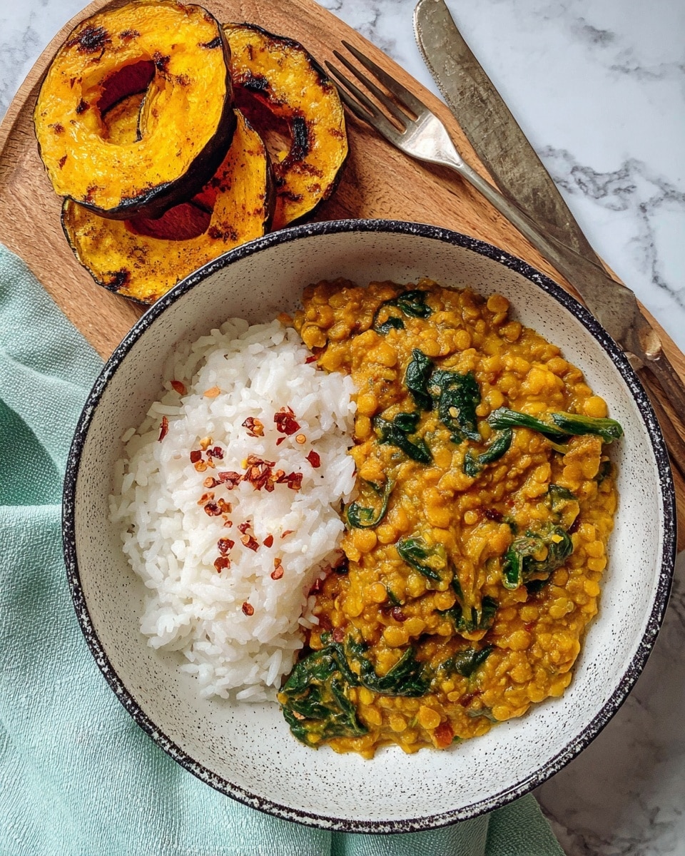 A bowl with two main layers: the bottom half is white fluffy rice with visible grains, and the top half is a thick orange-yellow lentil curry with green spinach leaves mixed in, sprinkled lightly with red chili flakes. The bowl is white with dark speckles and a dark rim. Next to it, on a wooden board, there are two pieces of roasted orange squash with dark char marks. A dark knife and fork are placed beside the board, all on a white marbled surface. photo taken with an iphone --ar 4:5 --v 7