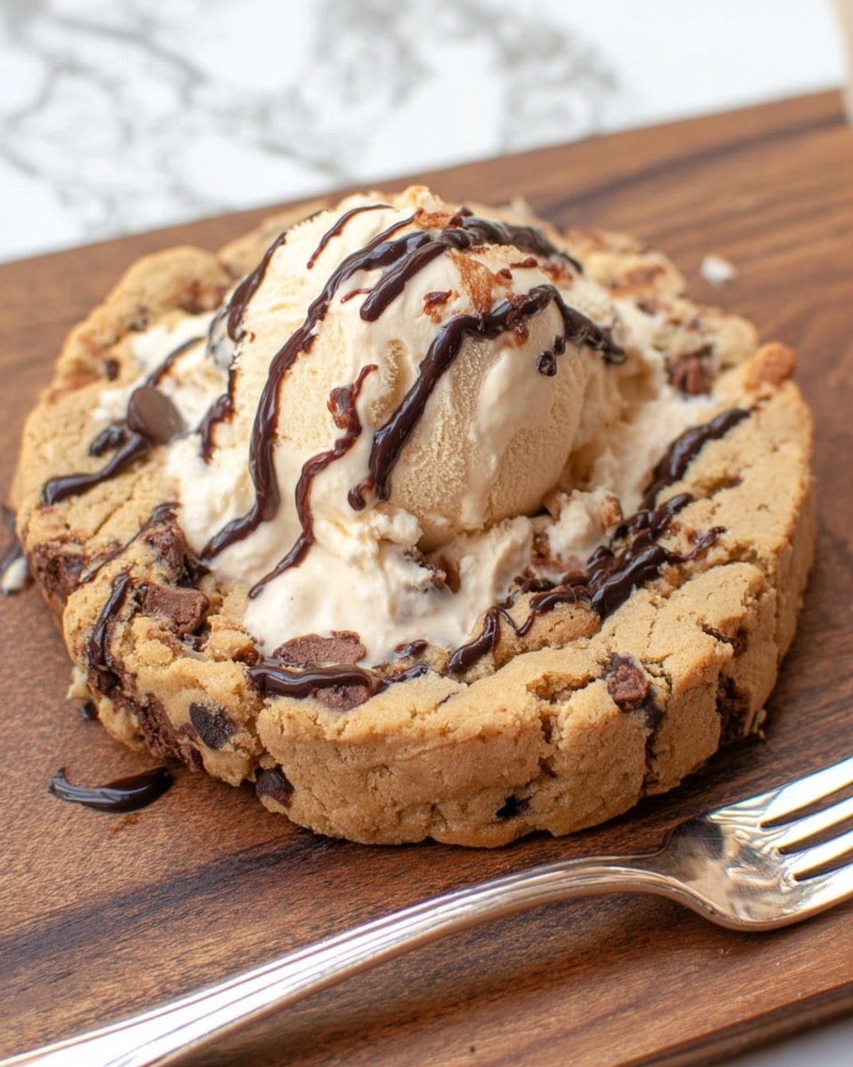 This image shows a thick, round cookie with a rough, golden-brown edge and a soft, slightly cracked center that has visible chocolate chunks. On top of the cookie is a scoop of light beige ice cream with smooth, creamy texture, drizzled with dark chocolate sauce in irregular lines that spread a bit into the ice cream. The cookie rests on a wooden board, and next to it is a shiny silver fork. The background is a white marbled texture. photo taken with an iphone --ar 4:5 --v 7