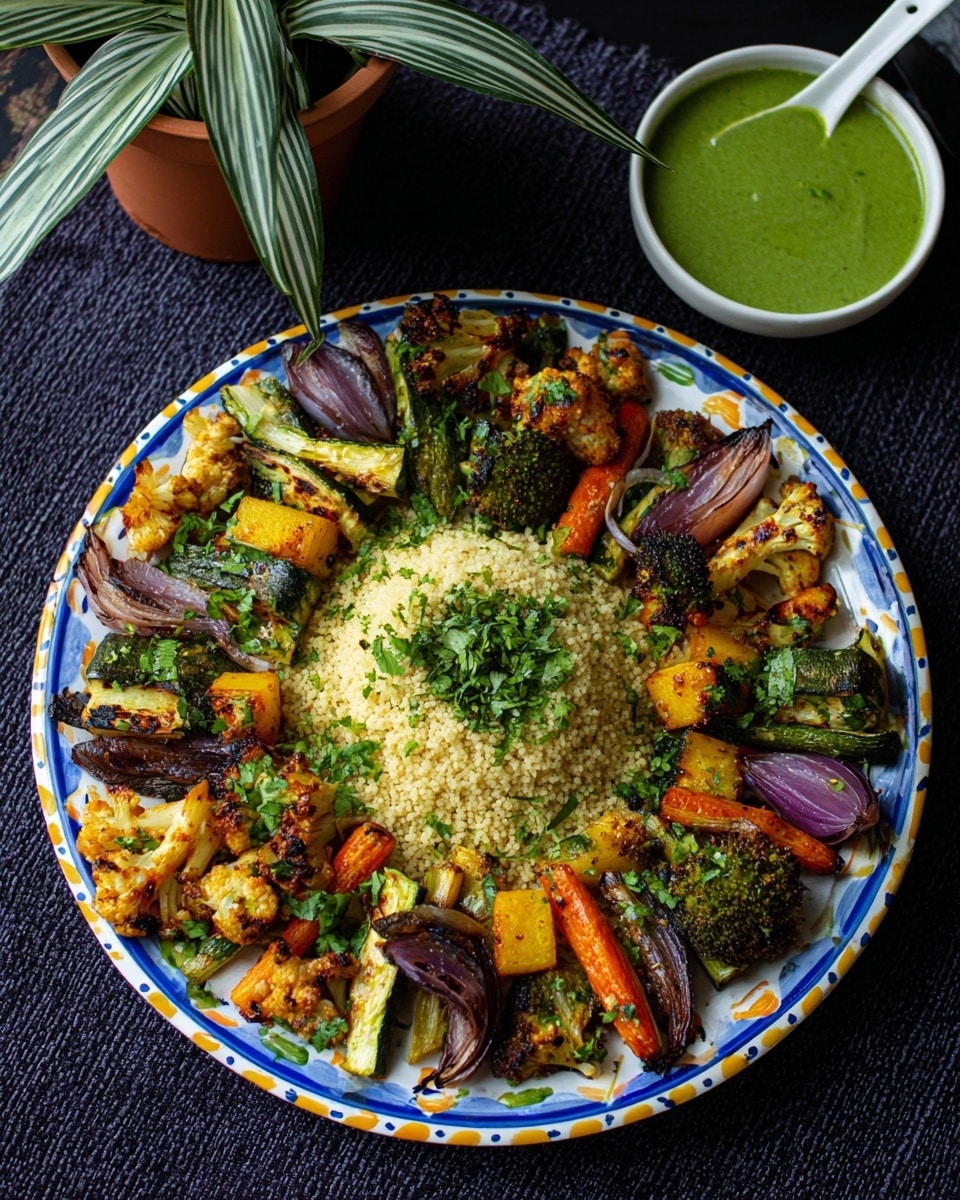 A large white plate with blue and yellow patterns holds a dish with two layers: the bottom layer is a mound of pale yellow couscous in the center, and the top layer is a ring of colorful grilled vegetables around the couscous including green broccoli, orange baby carrots, green zucchini, yellow baby corn, purple onions, and golden potatoes, all with slight char marks and fresh green herbs sprinkled on top. The plate sits on a dark textured cloth with a potted plant containing green and white striped leaves above it, and a small white bowl filled with smooth green sauce with a white spoon on the right side. Photo taken with an iphone --ar 4:5 --v 7