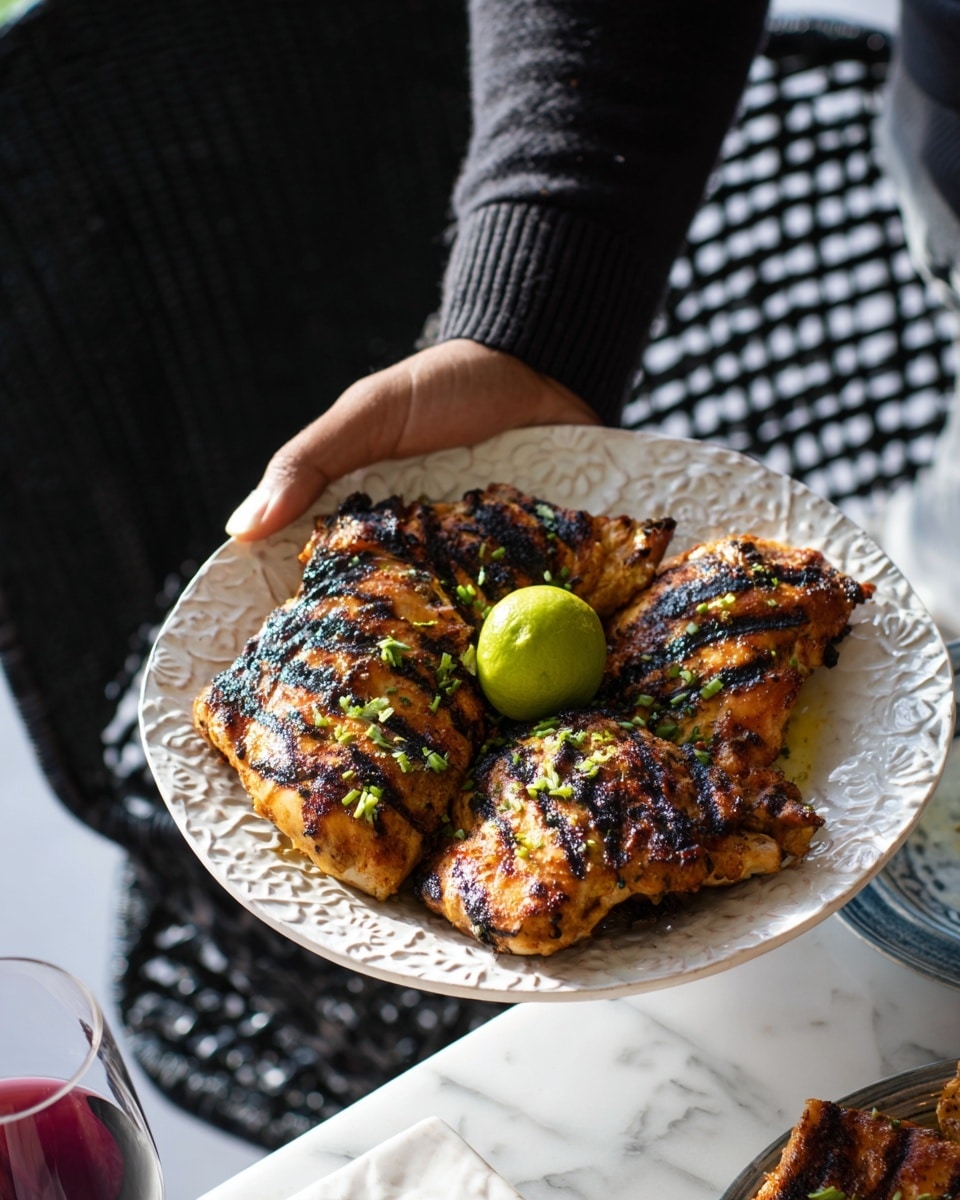 A white patterned plate holds four pieces of grilled chicken with dark char marks and a golden-brown color, garnished with small green chopped herbs. In the middle of the plate, a halved lime sits showing its bright green inside. The plate is being held by a person's hand, with a dark sweater sleeve visible. The scene is set on a white marbled surface with a black woven chair and a glass of red wine nearby. photo taken with an iphone --ar 4:5 --v 7