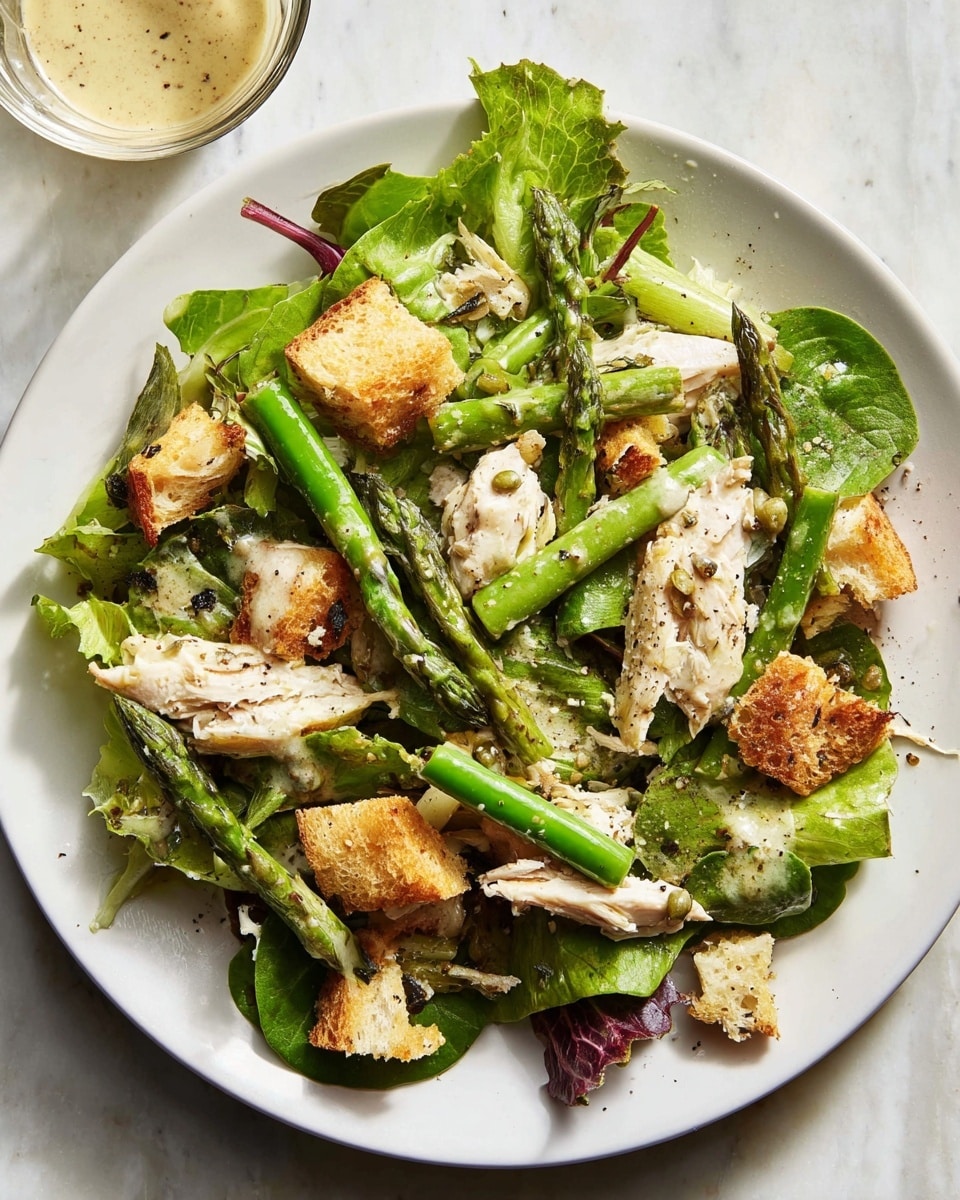 A white plate holds a fresh salad layered with different greens at the base, including leafy lettuce and spinach, showing various shades of green and some tiny purple edges. On top, there are several spears of bright green asparagus and snap peas, adding texture and a fresh look. Scattered throughout the salad are pieces of shredded white meat and golden-brown toasted bread cubes, giving a crunchy feel. The salad is lightly covered with a creamy dressing that has small bits, and some cracked black pepper is sprinkled over everything. The plate sits on a white marbled surface, and a small clear bowl with light-colored dressing is partly visible nearby. Photo taken with an iphone --ar 4:5 --v 7
