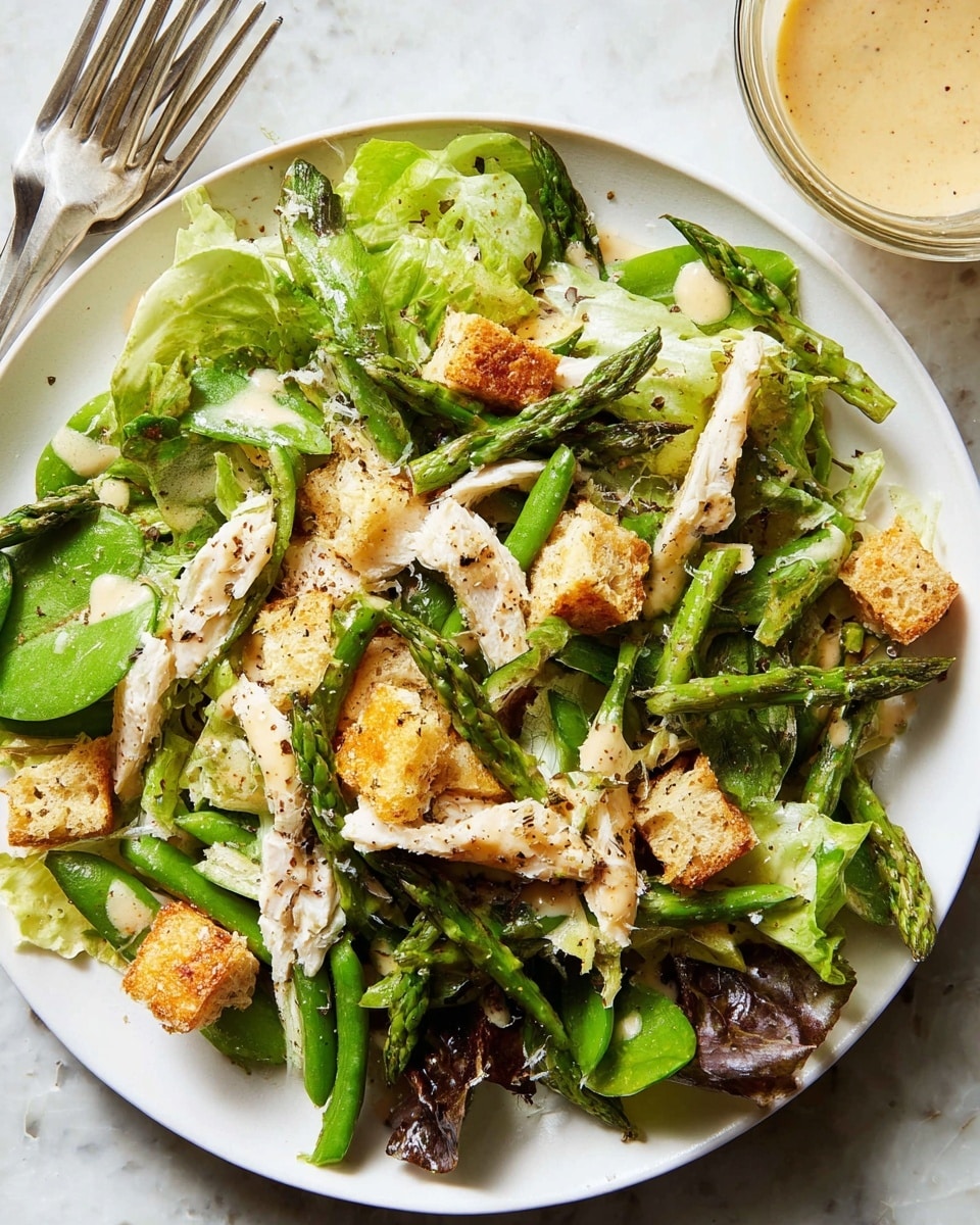 A white plate filled with a fresh green salad that has three main layers: the bottom layer is mixed green leaves of different shapes and sizes with some light and dark green shades; the middle layer has crisp, green asparagus spears and sugar snap peas scattered evenly; the top layer includes golden brown, crunchy bread cubes and white shredded chicken strips, all sprinkled lightly with a creamy dressing and black pepper. The plate is on a white marbled textured surface, and a clear glass bowl with pale creamy sauce sits near the top right edge of the frame. Photo taken with an iphone --ar 4:5 --v 7