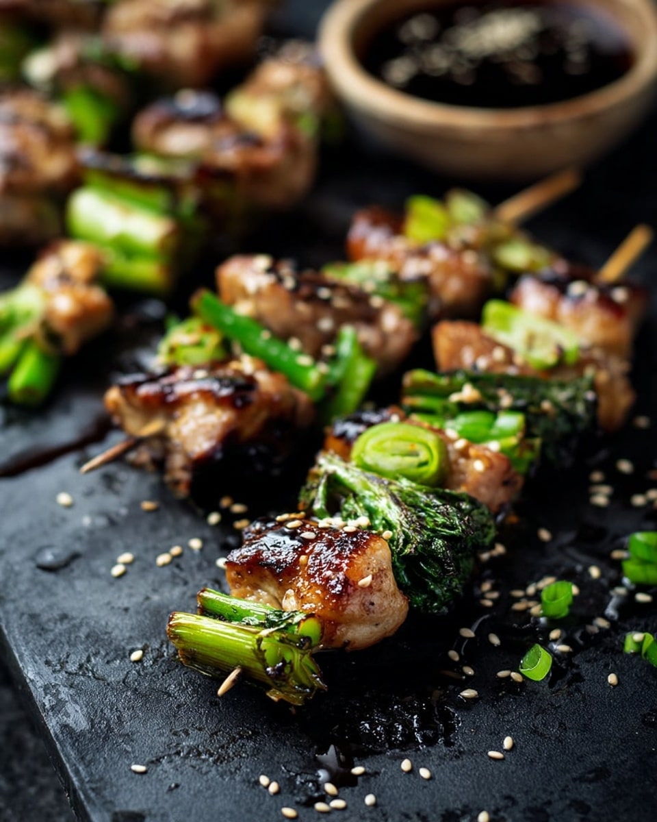 Three skewers are shown close up, each with grilled light brown meat pieces that have charred black grill marks. Between the meat pieces, there are bright green stalks and leaves of a vegetable that looks like scallions or green onions. The texture of the meat is slightly rough and juicy, while the vegetable parts look fresh and crisp. The skewers rest on a white marbled surface that highlights the fresh colors and grill marks. photo taken with an iphone --ar 4:5 --v 7