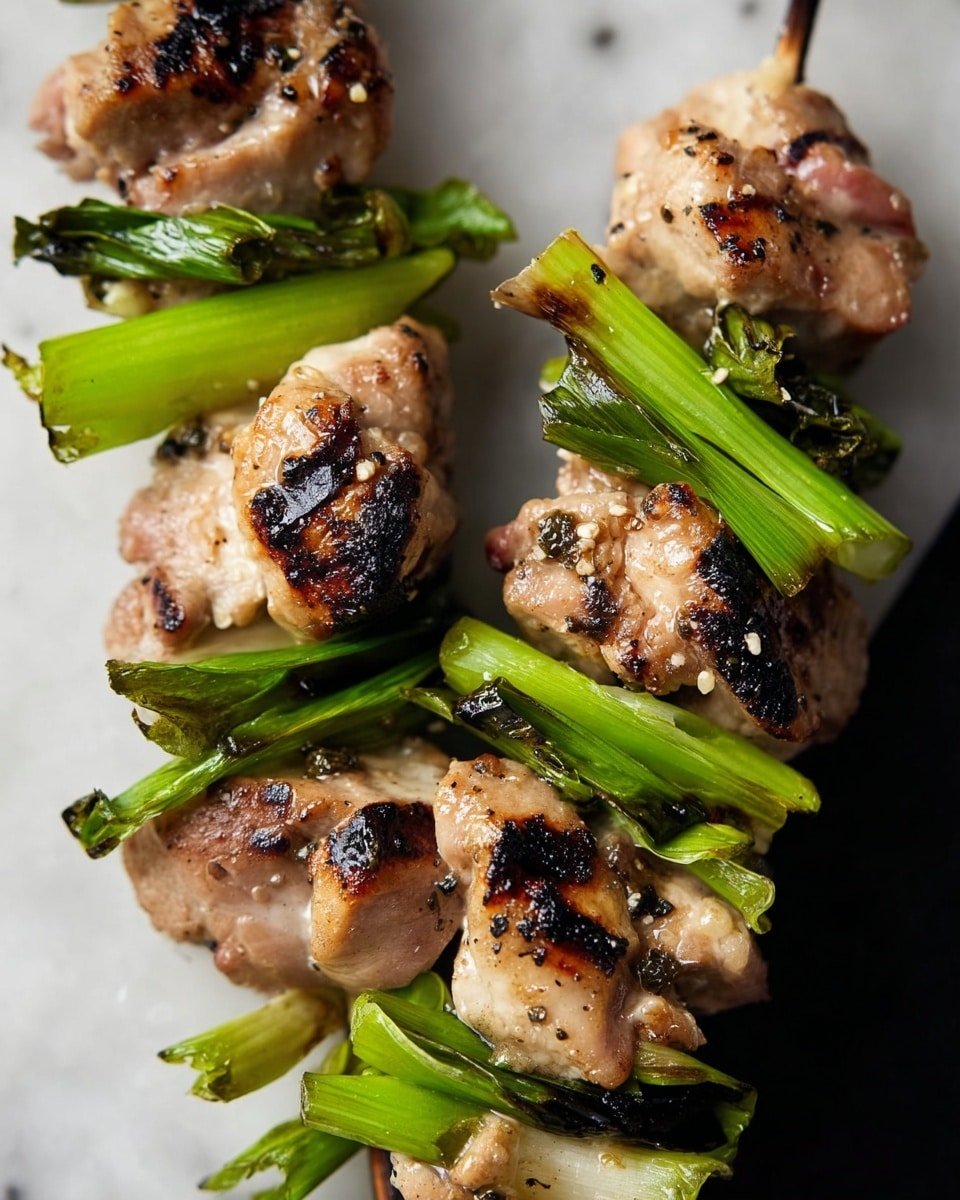 There are several skewers with three main layers on each: charred, light brown grilled pieces that look juicy; bright green, leafy vegetables; and chopped green onions. The skewers rest on a dark, textured surface with small sesame seeds sprinkled around. In the background, a small round brown bowl holds dark sauce with sesame seeds on top. The image has a close-up focus on the front skewer while the others blur softly in the background. The overall feel is fresh and savory. Photo taken with an iphone --ar 4:5 --v 7