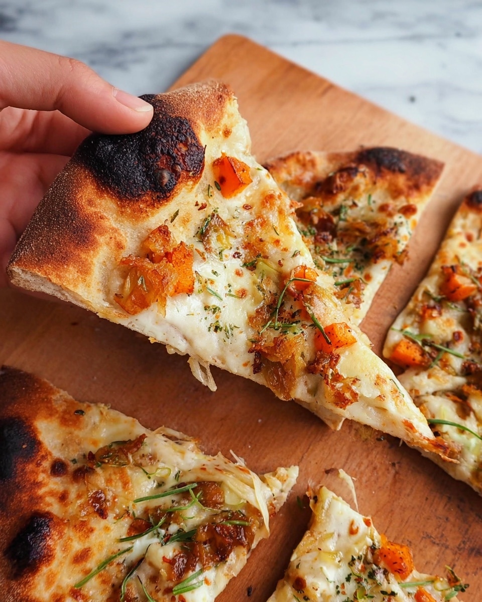 A thin slice of pizza with a charred, golden-brown crust being held by a woman's hand, showing a creamy white cheese layer topped with small orange cubes, green sliced herbs, and browned bits. The pizza slice has a melted, slightly stretchy texture with visible cheese pull. The pizza is on a wooden board with more slices having similar toppings. The background is a white marbled surface. photo taken with an iphone --ar 4:5 --v 7