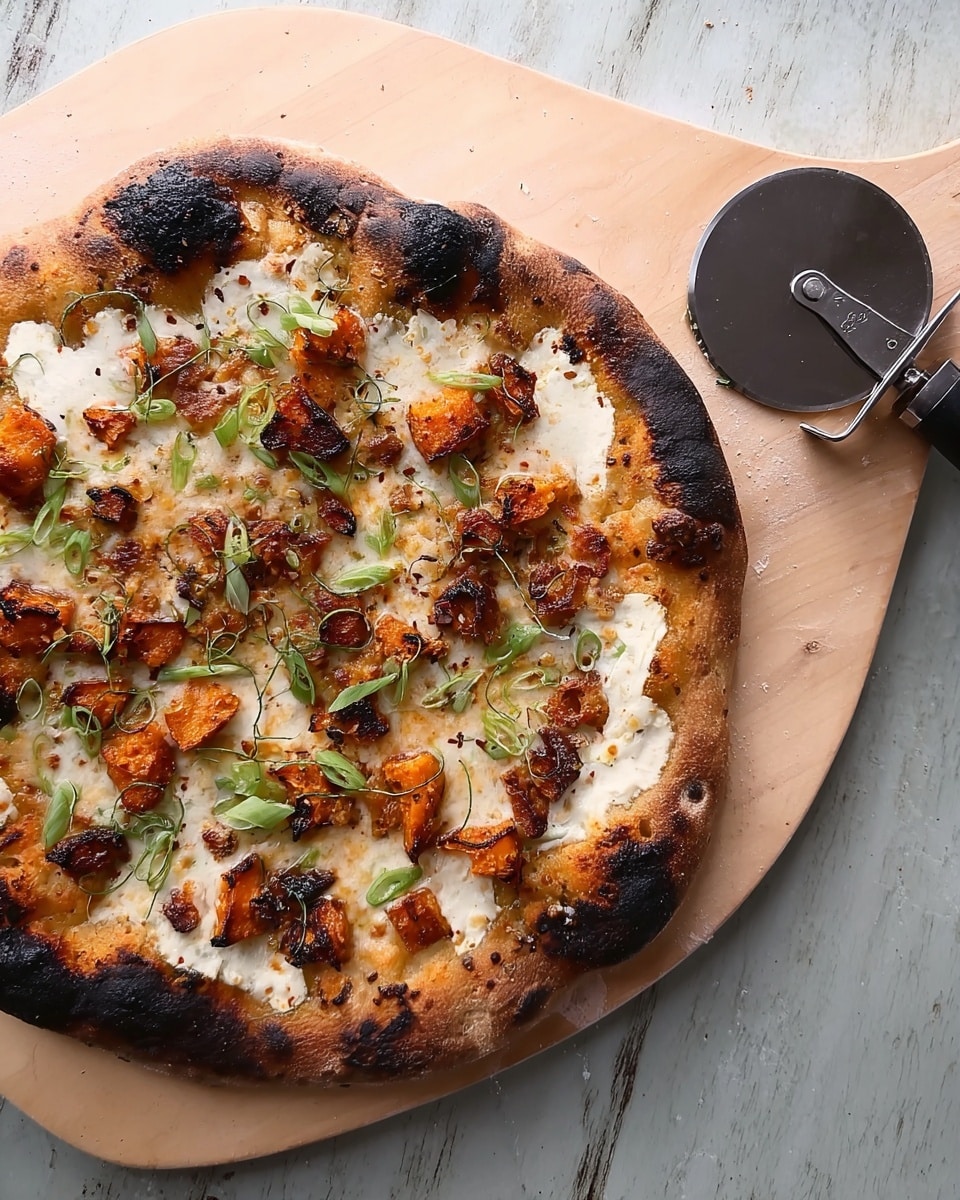 A round pizza with a slightly thick, uneven crust that is dark brown and burnt black in places, topped with white melted cheese spread evenly over the surface. Scattered on top are small pieces of orange-brown roasted sweet potatoes, light green sliced scallions, and small dark green leaves, all placed over a white marbled textured surface. To the right of the pizza, a silver pizza cutter with a black handle rests on the board. The pizza is on a light wooden pizza peel. Photo taken with an iphone --ar 4:5 --v 7