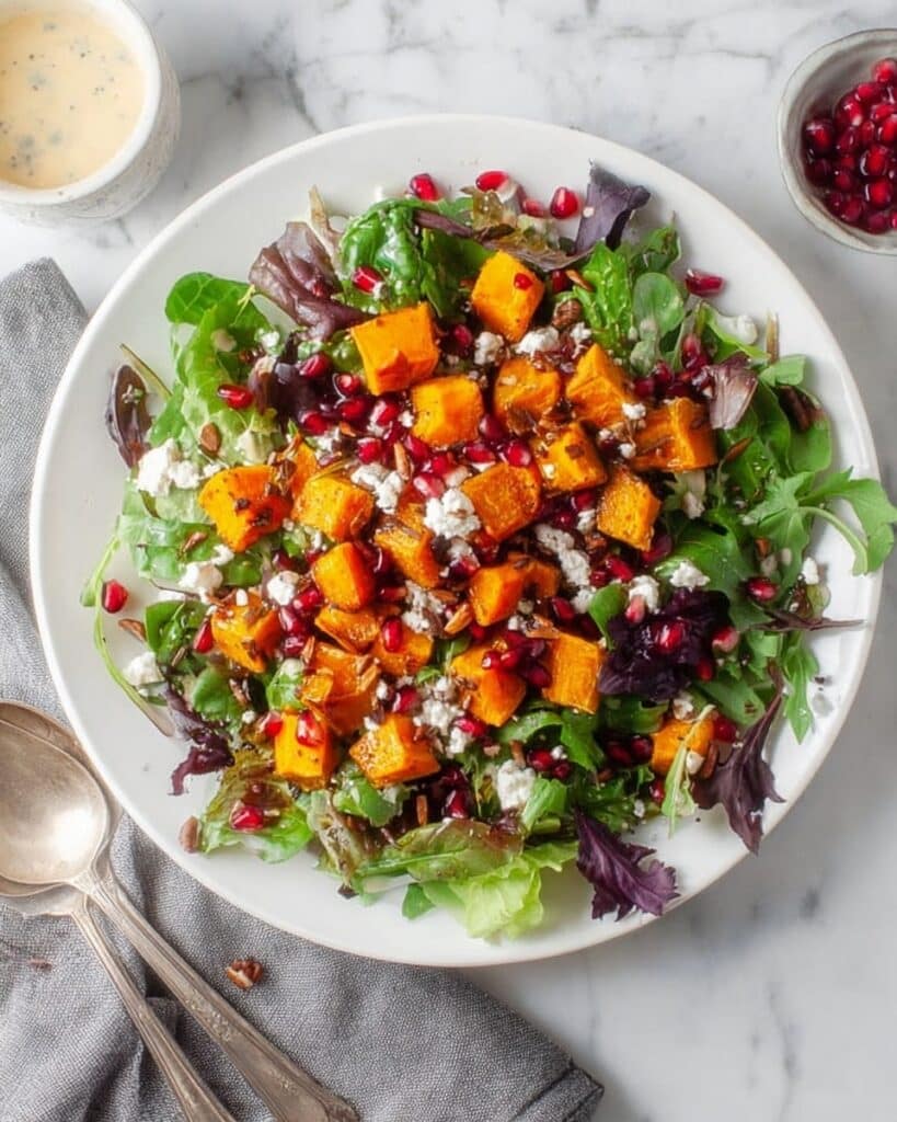 Butternut Squash Salad with Pomegranates, Goat Cheese, and Spiced Cider Date Dressing Recipe