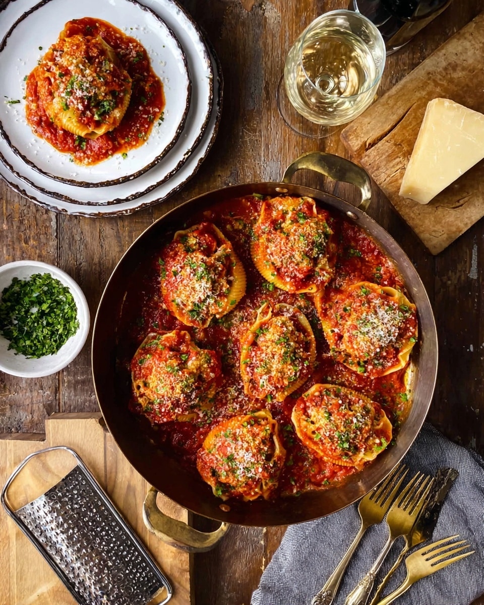 The image shows a round metal pan filled with eight stuffed pasta shells, each topped with red tomato sauce and sprinkled with green herbs and grated cheese. Two white plates with dark rims hold a single stuffed shell covered in sauce, herbs, and cheese positioned above the pan. The pan and plates sit on a wooden table with a small white bowl of chopped green herbs to the left and a wooden board holding a cheese grater and a block of cheese to the right. Gold forks rest on a grey napkin near the bottom right. The light reflects warmly on the food, and a glass of white wine is visible near the top right corner. The surface behind is a white marbled texture. photo taken with an iphone --ar 4:5 --v 7