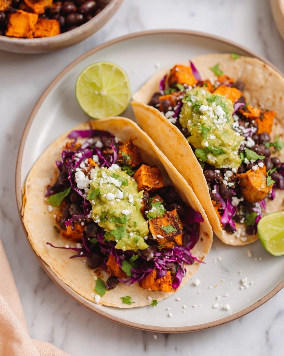 Two soft corn tortillas on a white plate, each filled with three layers of ingredients: at the bottom, a layer of bright purple shredded cabbage; in the middle, golden orange roasted sweet potato chunks mixed with black beans; on top, a dollop of chunky green guacamole with small cilantro leaves scattered over it, along with small white cheese crumbles. A half lime with a light green yellowish inside rests near the tortillas on the plate. The background shows a white marbled surface with an extra bowl of sweet potato and beans partially visible. Photo taken with an iphone --ar 4:5 --v 7