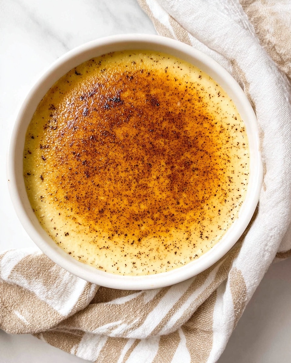 The image shows a white round dish filled with a smooth, creamy custard dessert that has a golden brown top layer with tiny black vanilla specks scattered throughout. The middle of the top layer is a deeper brown, giving it a slightly caramelized look. The dish rests on a white marbled surface with a soft beige and white striped cloth casually placed next to it, adding a cozy, rustic feel. photo taken with an iphone --ar 4:5 --v 7