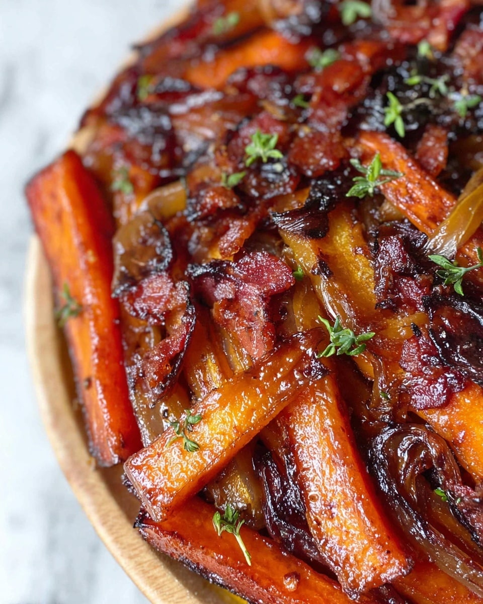 The image shows a close-up of a dish with thick layered caramelized orange and brown roasted carrots mixed with dark brown onions, glistening with a shiny glaze. Small bits of crispy bacon are scattered throughout, adding texture and a deeper reddish-brown color. Tiny green herbs are sprinkled on top, giving a fresh contrast. The dish is on a white plate visible at the edge, set on a white marbled surface. Photo taken with an iphone --ar 4:5 --v 7