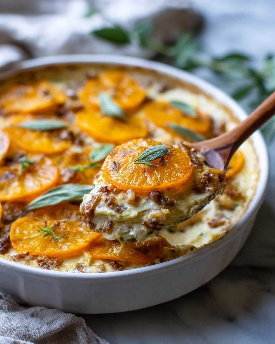 The image shows a round white dish filled with a layered casserole. The top layer is made of thin orange slices that look soft and slightly cooked, scattered with a few green leaves for garnish. Underneath, there is a creamy layer mixed with small brown bits. A wooden spoon is lifting a portion from the dish, showing the layers clearly: the bright orange slices on top, the creamy light-colored middle, and the little brown pieces mixed in between. The dish is placed on a white marbled surface with a blurred cloth and some green leaves in the background. The photo was taken with an iphone --ar 4:5 --v 7