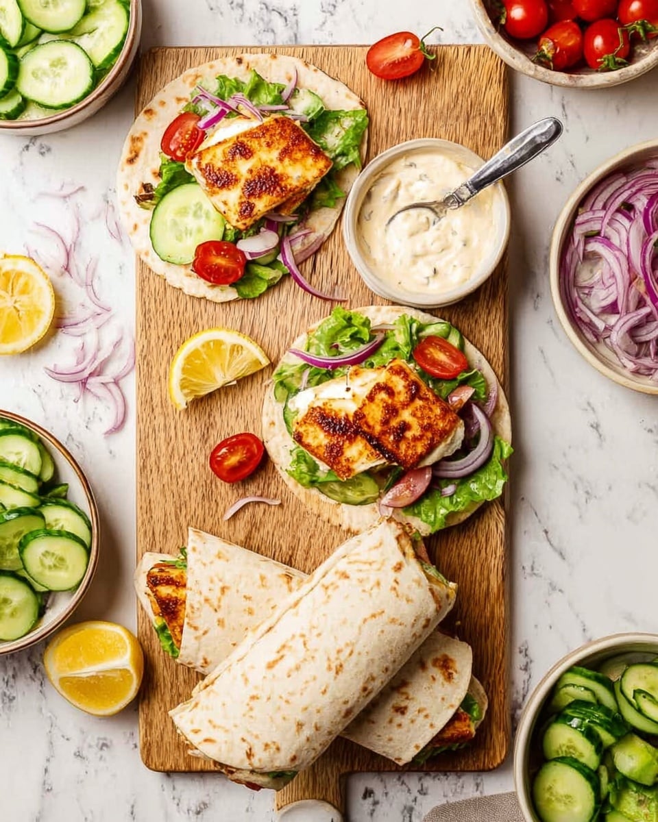 The image shows a wooden board on a white marbled surface with wraps and an open sandwich. The open sandwich has two golden-brown grilled cheese pieces on top of a flatbread, layered with green lettuce, sliced cucumber, halved red cherry tomatoes, and thin rings of purple onion. Next to it are two folded wraps filled with the same ingredients, wrapped in light beige flatbreads with some fillings peeking out. A small white bowl of creamy sauce sits on the board with a spoonful of sauce beside it. There are lemon wedges, extra slices of purple onion, and halved cherry tomatoes on the board. Surrounding the board are white bowls containing extra sliced cucumbers, greens, and cherry tomatoes. Photo taken with an iphone --ar 4:5 --v 7