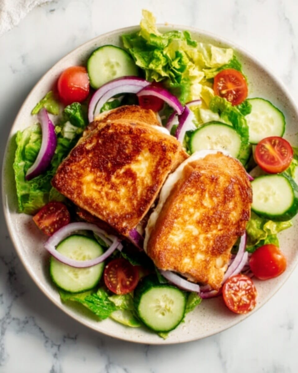 The image shows a white plate filled with a fresh salad and two golden-brown grilled cheese slices on top. The salad has a base layer of green lettuce leaves spread on the plate. Above the lettuce, there are thin cucumber slices and bright red cherry tomato halves scattered around, along with thin rings of purple onion. The two grilled cheese pieces are placed side by side in the center, with a crispy, browned texture that looks warm and inviting. Everything is laid out on a white marbled surface. Photo taken with an iphone --ar 4:5 --v 7