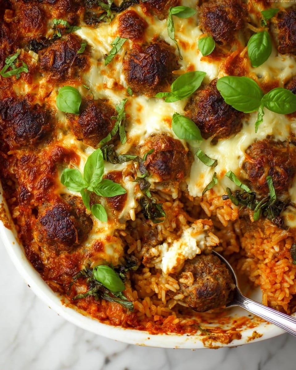 This image shows a baked dish with three main layers: the bottom layer is rice cooked in a rich red sauce, the middle layer has browned meatballs spread evenly, and the top layer is melted cheese that looks bubbly and slightly golden in spots. Scattered on top are small pieces of cooked greens and fresh green basil leaves, adding bright color. A silver spoon rests on the right side, partially scooping some rice and greens. The dish sits on a white marbled surface. Photo taken with an iphone --ar 4:5 --v 7