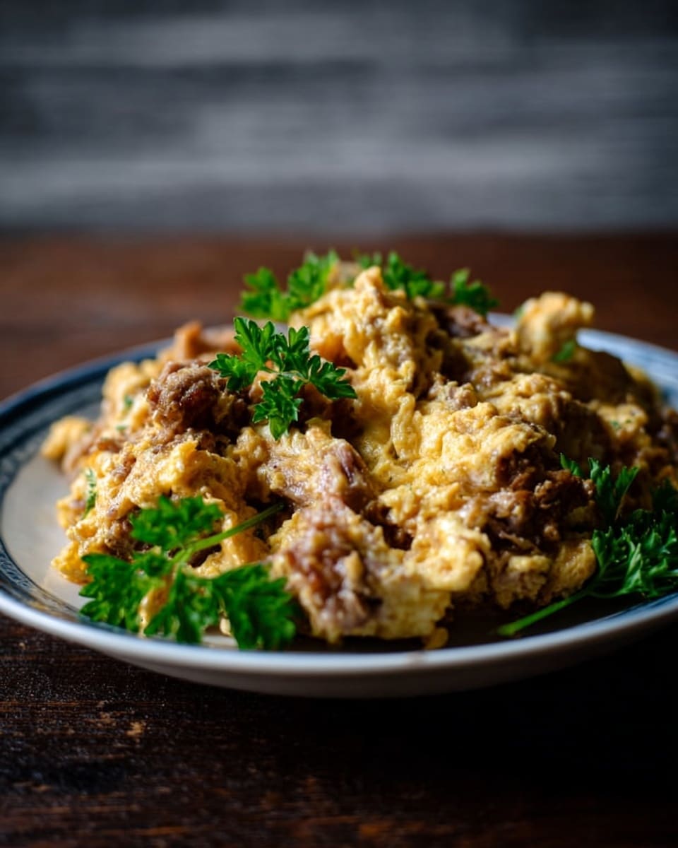 A close-up view of a pile of cooked scrambled eggs mixed with shredded meat, showing a mix of light yellow and brown colors with a soft and chunky texture. The dish is placed on a white plate with a blue rim, and there are several sprigs of fresh green parsley scattered on top. The plate sits on a dark wooden surface with a blurred gray wooden background. The lighting focuses on the food, creating warm highlights and deep shadows. photo taken with an iphone --ar 4:5 --v 7