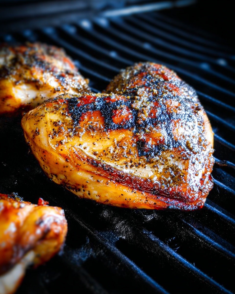 Two grilled chicken halves with dark grill marks and a golden-brown color are placed on a long white plate. Each chicken half is seasoned with black pepper and sprinkled with green rosemary leaves. There are small white dollops of melted garlic butter on top. Around the chicken halves are bright yellow lemon wedges and fresh green rosemary sprigs, all set on a white marbled surface. photo taken with an iphone --ar 4:5 --v 7