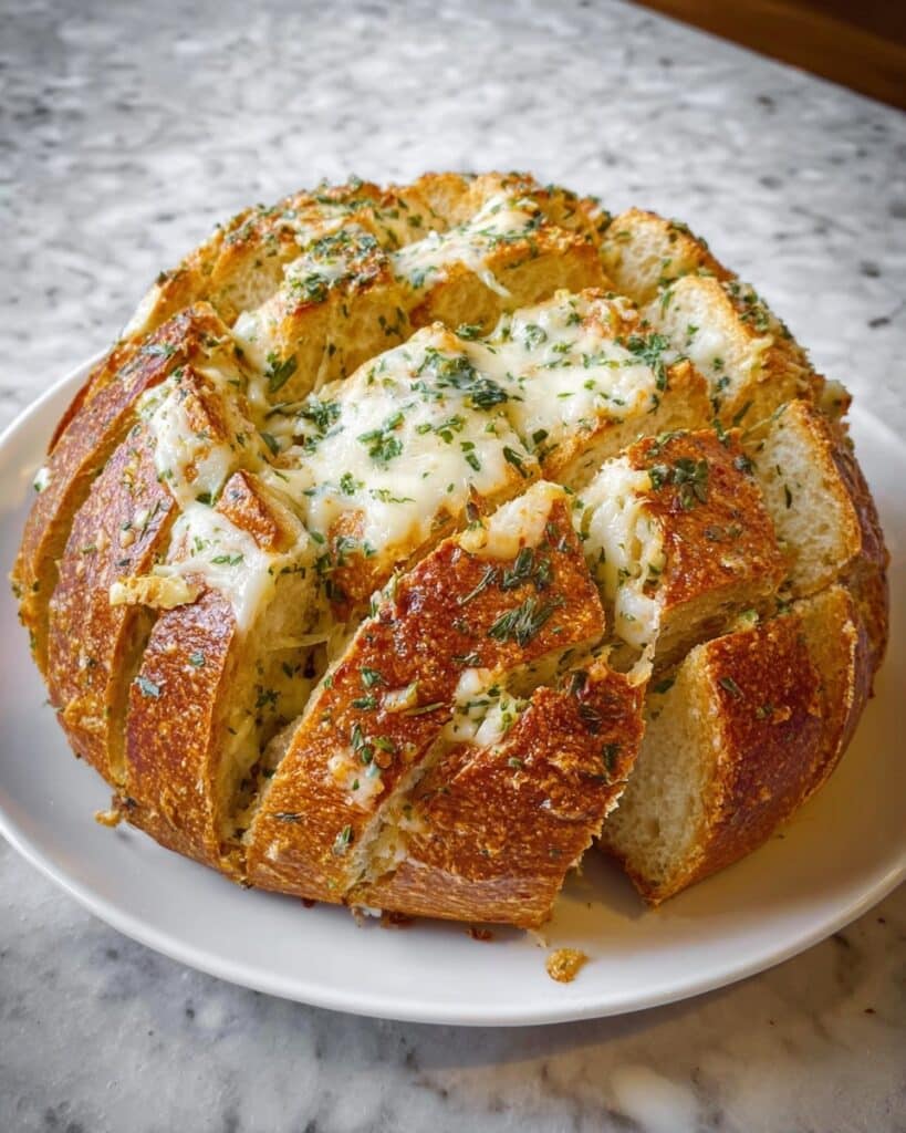 Pull Apart Sourdough Garlic Bread with Cheesy Stuffing and Garlic Butter Recipe