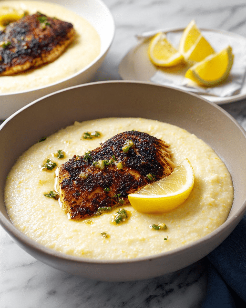 The dish shows one layer of creamy, light beige grits filling most of a deep white bowl with a smooth texture. On top of the grits, near the right edge, is a piece of browned, crispy fish with dark grill marks, slightly curved and sprinkled with small green parsley pieces. At the front of the bowl, resting on the grits, there is a bright yellow lemon wedge. The bowl is set on a white marbled surface, with a white plate holding another lemon wedge in the background and a small white dish with chopped parsley near the top right. A silver fork rests to the right of the bowl, and a white napkin is partly visible on the left. photo taken with an iphone --ar 4:5 --v 7