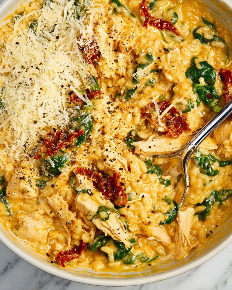 The image shows a creamy orange-yellow risotto mixed with pieces of shredded white chicken, green spinach leaves, and pieces of red sun-dried tomatoes. On the left side, there is a layer of finely grated pale yellow cheese topped with black pepper. A silver spoon is partially submerged on the right side of the dish, resting against the creamy risotto. The entire dish is in a round white bowl, set on a white marbled surface. The texture of the risotto is thick and rich with visible bits of ingredients mixed throughout photo taken with an iphone --ar 4:5 --v 7