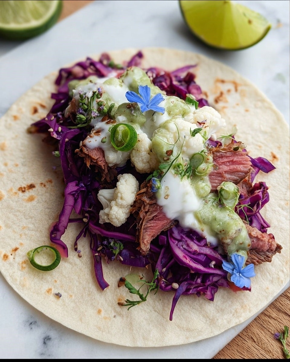 A soft white tortilla lies flat as the base, topped with thin slices of medium-rare pink and brown meat arranged in the center. Underneath the meat is a layer of purple cabbage shreds adding vibrant color. On top of the meat are small pieces of white cauliflower, green pickled peppers, and slices of green onion. Fresh chopped green cilantro is sprinkled over everything with a few small blue edible flower petals for a delicate touch. The taco rests on a wooden table with two lime wedges nearby, all set against a white marbled surface. photo taken with an iphone --ar 4:5 --v 7