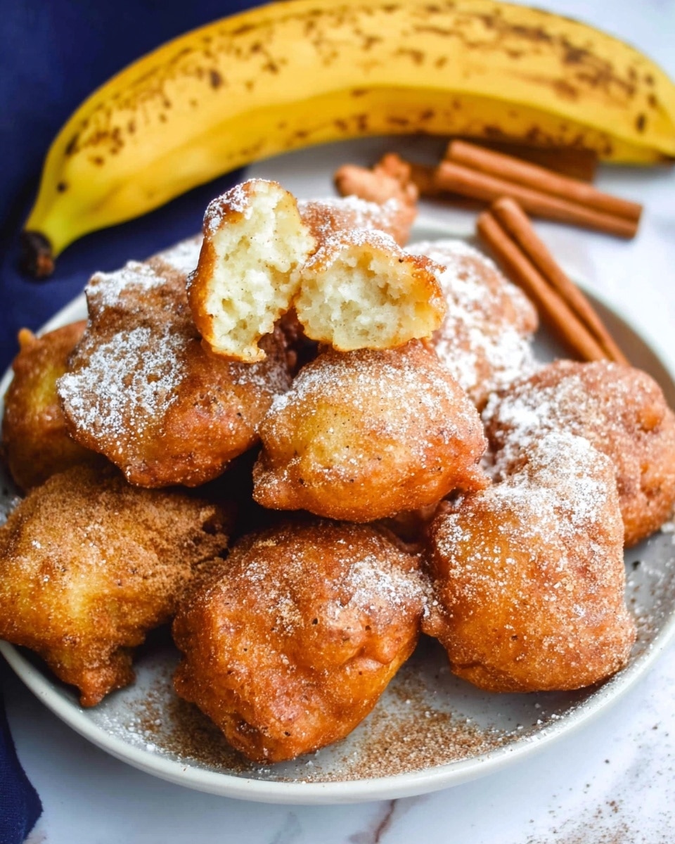 A blue plate full of golden brown banana fritters stacked in a pile, each piece dusted lightly with white powdered sugar. The fritters have a crispy, uneven texture with some edges slightly darker and crunchy, while the centers appear soft and puffed. Behind the plate, several brown cinnamon sticks lay horizontally, and two ripe yellow bananas with brown spots rest on a white marbled surface partly covered by a white cloth. A glass jar filled with milk is placed in the upper corner. The photo taken with an iphone --ar 4:5 --v 7