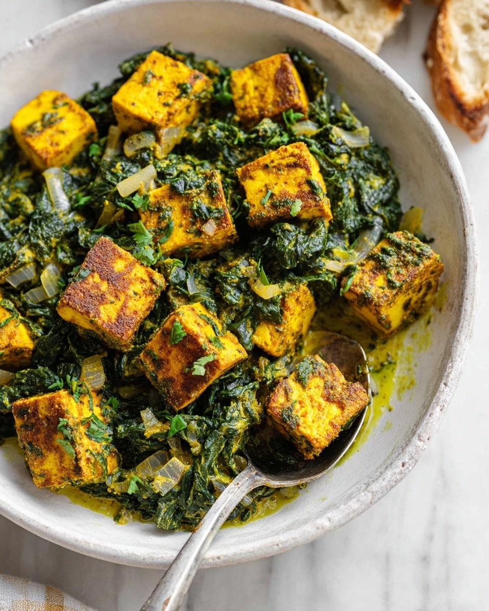 A white shallow bowl is filled with a dish made of bright yellow browned tofu cubes mixed with dark green cooked spinach and small pieces of translucent cooked onion. The tofu cubes have a crisp, spicy coating with some green herbs on top. A silver spoon with some tofu and spinach rests on the bowl, showing the rich, creamy green sauce coating the ingredients. The bowl sits on a white marbled surface, and there is some bread blurred in the top right corner. photo taken with an iphone --ar 4:5 --v 7
