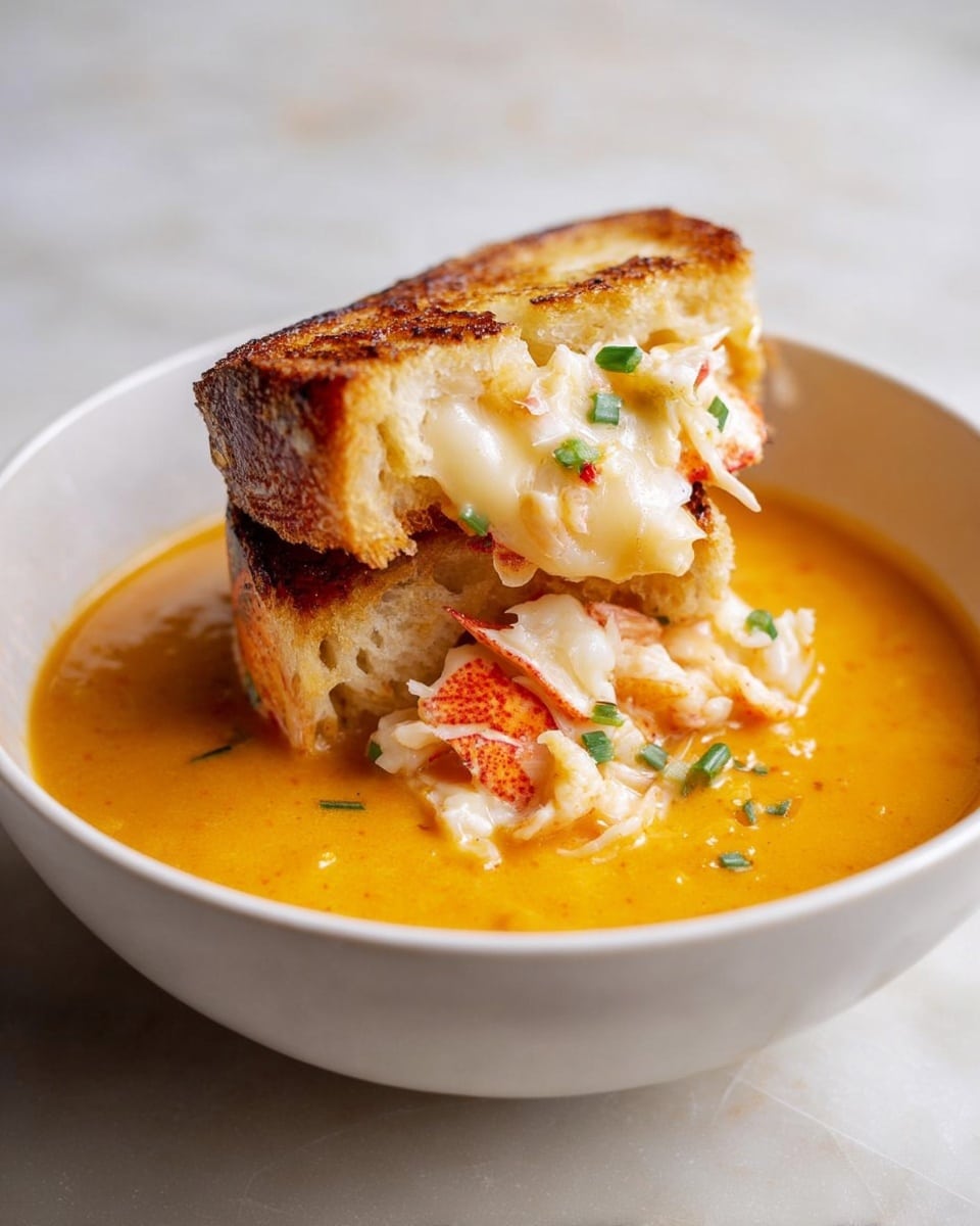 A white bowl filled with smooth, bright orange soup forms the base, with two pieces of toasted bread stacked on top, soaked partially in the soup. The bread is golden brown and crisp, with a soft, airy interior layered with melted white cheese and chunks of lobster meat mixed with small bits of green herbs. The vibrant soup contrasts with the creamy, textured filling of the bread, and the whole scene rests on a white marbled surface with a soft neutral background. Photo taken with an iphone --ar 4:5 --v 7
