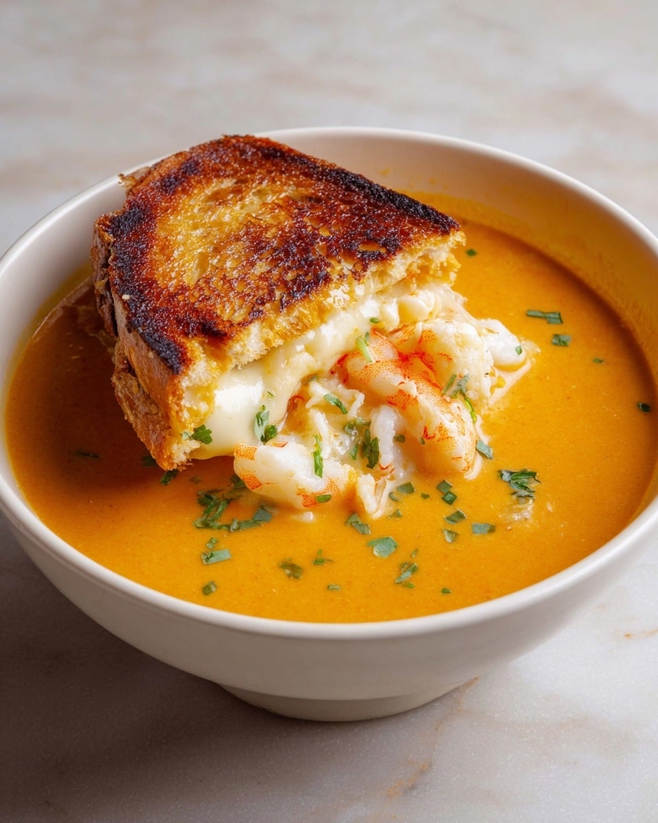 A white bowl filled with smooth, orange-colored creamy soup with small pieces of green herbs sprinkled on top. Floating in the soup is a grilled sandwich with a golden brown, crispy top layer and visible melted creamy white cheese inside. Some white seafood pieces with light orange accents, also topped with a few green herbs, are mixed in with the sandwich partially dipped into the soup. The bowl sits on a white marbled surface. photo taken with an iphone --ar 4:5 --v 7