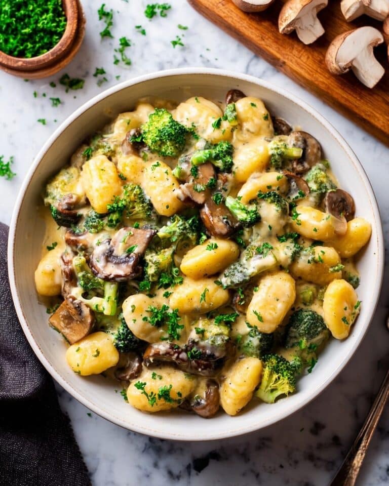 Pan-fried Gnocchi with Broccoli and Mushrooms in Creamy Vegetable Sauce Recipe