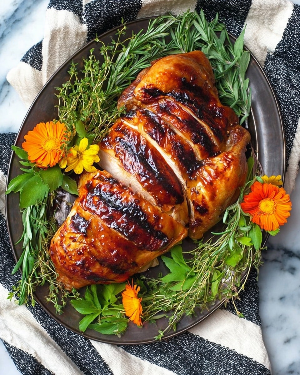 A shiny roasted chicken sliced into four large pieces is placed on a dark round metal tray. The chicken skin is golden brown with a few dark grill marks, showing its crispy texture. Around the chicken, there are green sprigs of rosemary and thyme, mixed with small bright yellow flowers and orange flowers with round petals, adding color and freshness to the presentation. The tray is on a white marbled surface with a black and white striped cloth partly underneath it. Photo taken with an iphone --ar 4:5 --v 7