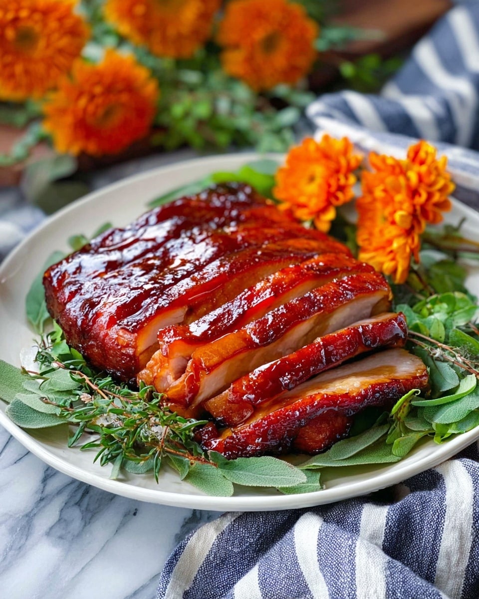 A white plate holds a sliced piece of roasted meat with a shiny, reddish-brown glazed skin. The meat is cut into several thick slices arranged neatly on the plate. Around the meat, there are green herb sprigs and leaves, along with clusters of bright orange flowers placed on the right side. The plate is set on a white marbled surface with a striped blue and white cloth partially visible underneath. In the background, blurred orange flowers add a soft touch. Photo taken with an iphone --ar 4:5 --v 7