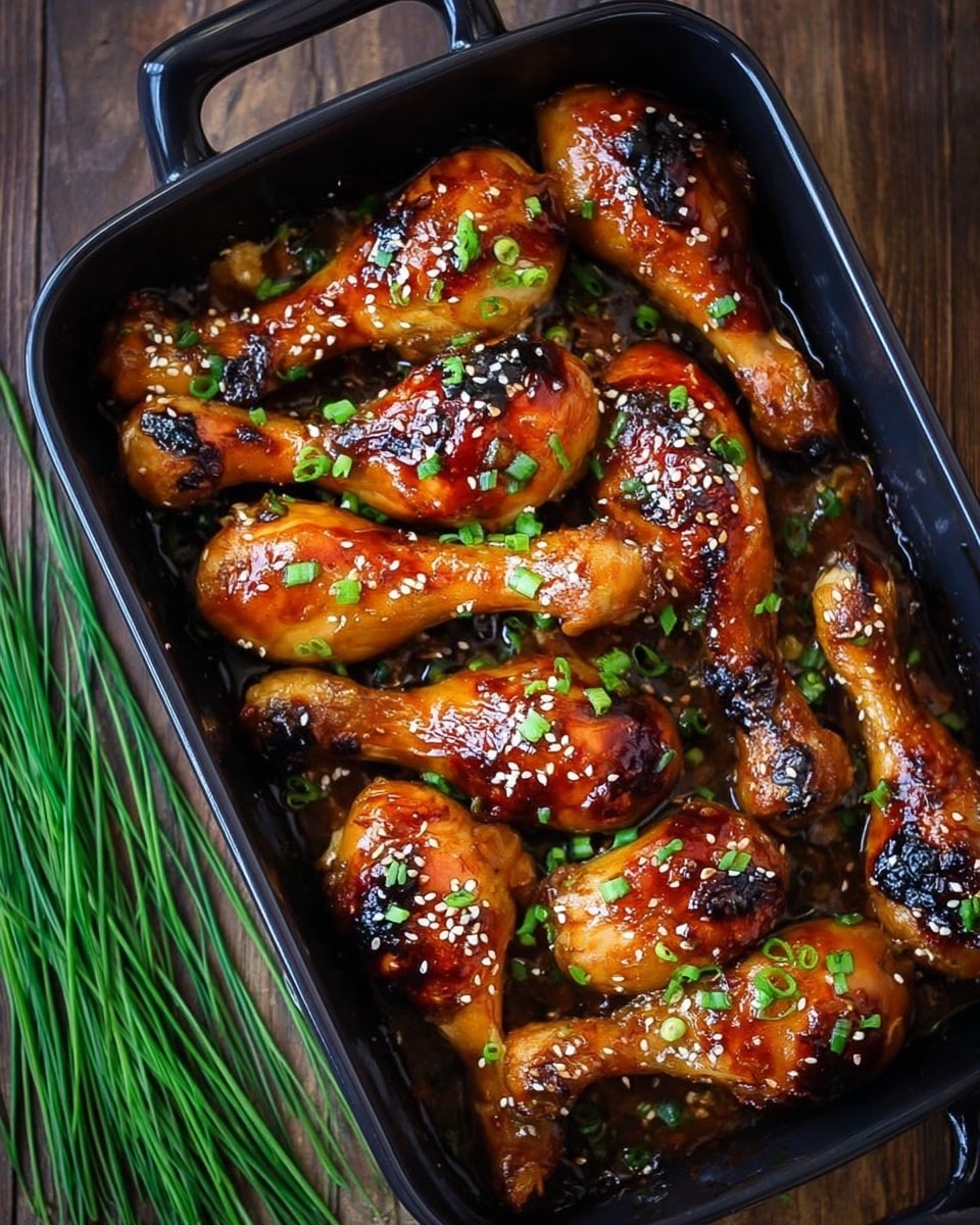 The image shows a black rectangular baking dish filled with roasted chicken drumsticks. The drumsticks have a shiny, golden-brown glaze with some dark charred spots. They are sprinkled with white sesame seeds and small green chopped herbs, adding color contrast. The dish sits on a dark wooden surface with a bunch of green chives to the side. photo taken with an iphone --ar 4:5 --v 7