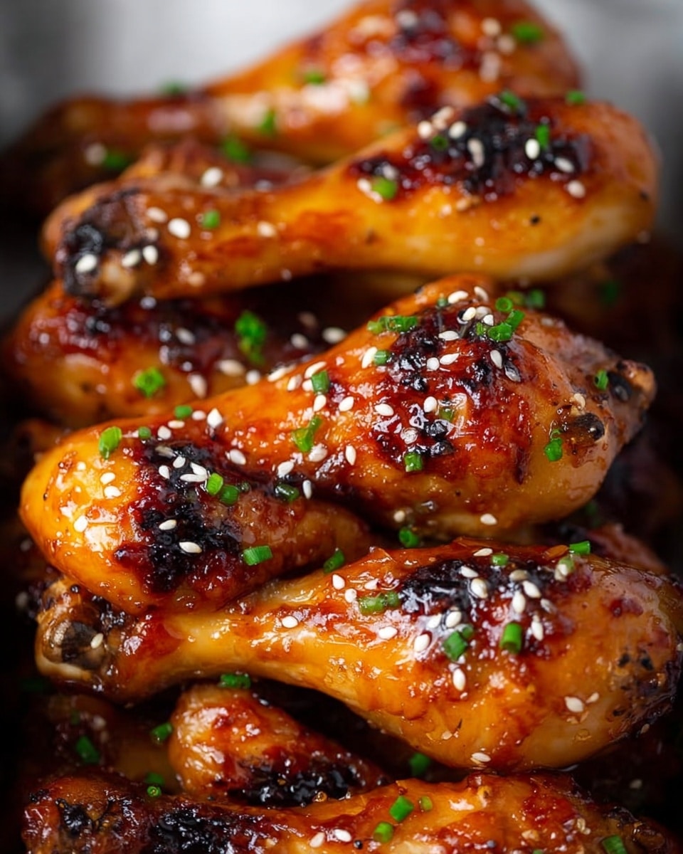 A close-up view of several cooked drumsticks stacked together, each drumstick has a shiny, sticky orange-brown glaze with darker charred spots giving a caramelized texture. The skin looks crispy with some rough edges, topped with white sesame seeds and small pieces of fresh green chives scattered evenly across the drumsticks. The lighting shows off the glossy, moist surface, making the drumsticks look juicy and flavorful, all set on a white marbled background. photo taken with an iphone --ar 4:5 --v 7