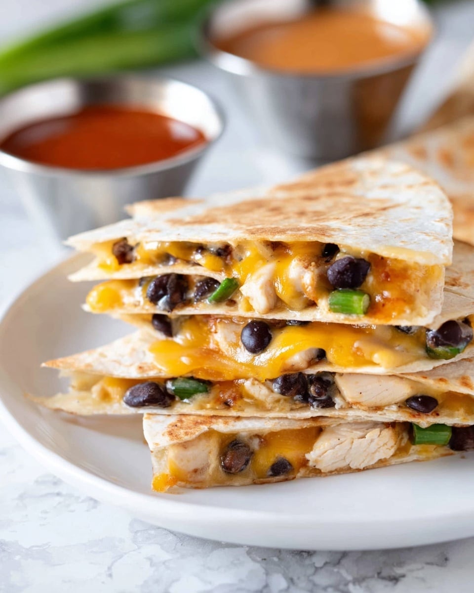 Stack of four folded quesadillas filled with melted cheese, small pieces of cooked chicken, and bits of tomato and green herbs visible inside. The outer tortillas are light golden with some brown spots from cooking, showing a slightly crispy texture. The quesadillas are stacked unevenly on a plain white plate, placed on a white marbled surface. The edges of the tortillas are slightly curled up, revealing the colorful filling layers inside. Photo taken with an iphone --ar 4:5 --v 7