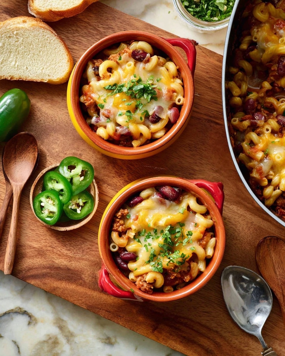 Two small round orange pots with red and yellow handles hold a pasta dish. The dish has three main layers: the bottom is cooked elbow macaroni mixed with red kidney beans and minced meat, the middle layer shows melted yellow and white cheese, and the top is sprinkled with chopped green herbs and three slices of fresh green jalapeño pepper on the side. The pots sit on a large wooden board with a white marbled surface underneath. To the left, there are three slices of light golden bread and a wooden spoon holding whole and sliced green jalapeños. Part of a larger pan with a similar pasta dish is on the right side. Photo taken with an iphone --ar 4:5 --v 7