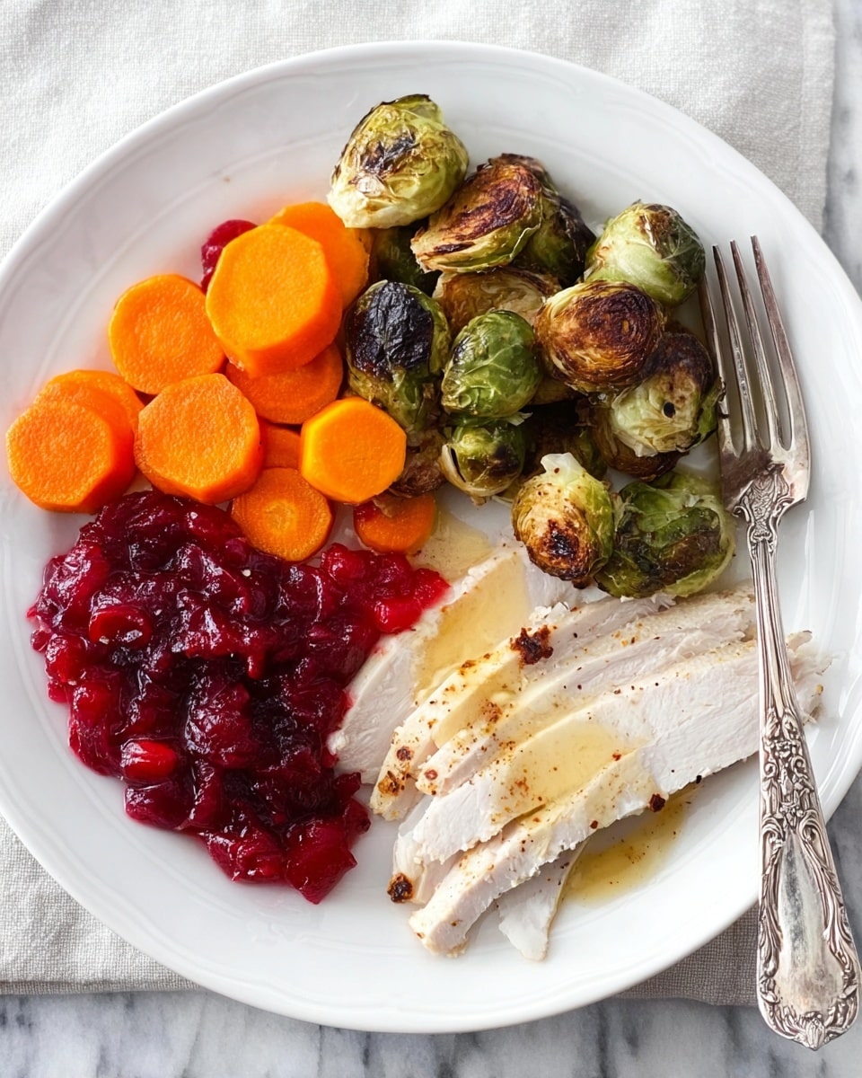 A white plate with four layers of food arranged separately: bright orange round slices of cooked carrots at the top right, a pile of roasted Brussels sprouts with charred dark brown edges on the left, a layer of softly sliced white turkey meat with light pepper specks on the bottom right, and in the middle a thick cranberry sauce with whole and smashed cranberries in red mixed with the turkey juices. A silver fork rests on the plate near the turkey meat. The background is a white marbled surface. Photo taken with an iphone --ar 4:5 --v 7